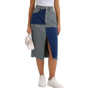 Women Denim Skirt Patchwork Color Block Raw Hem High Waist Midi Slit Jean Skirt